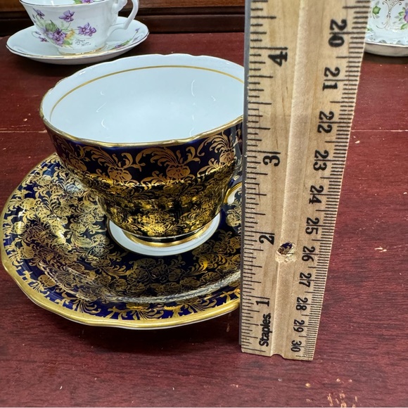 Vintage 1940s Aynsley Tea Cup & Saucer Set Cobalt Blue Gold Lace Fine Bone China - Picture 14 of 16